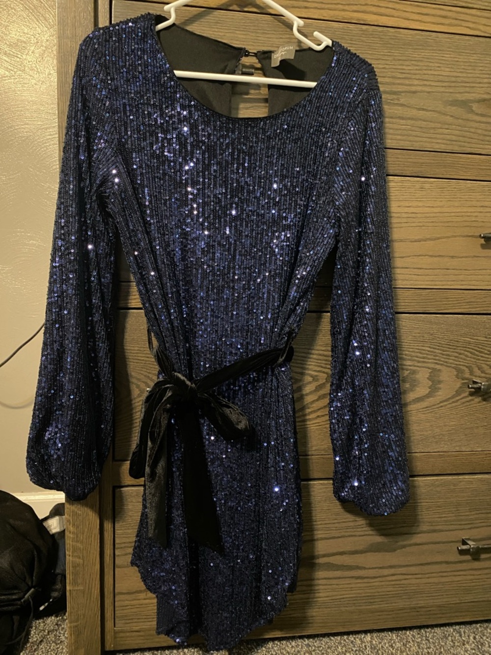 Navy Blue Sequin Long Sleeve Party Dress with Velvet Tie, Women’s Size Small